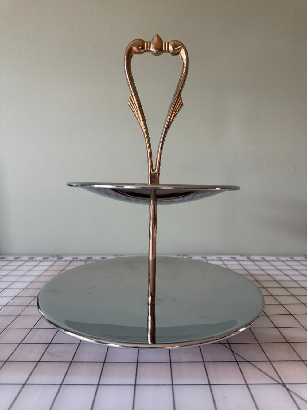 Vintage Kromex 2 Tier Chrome Tidbit Serving Tray MCM Dessert Stand Gold Handle